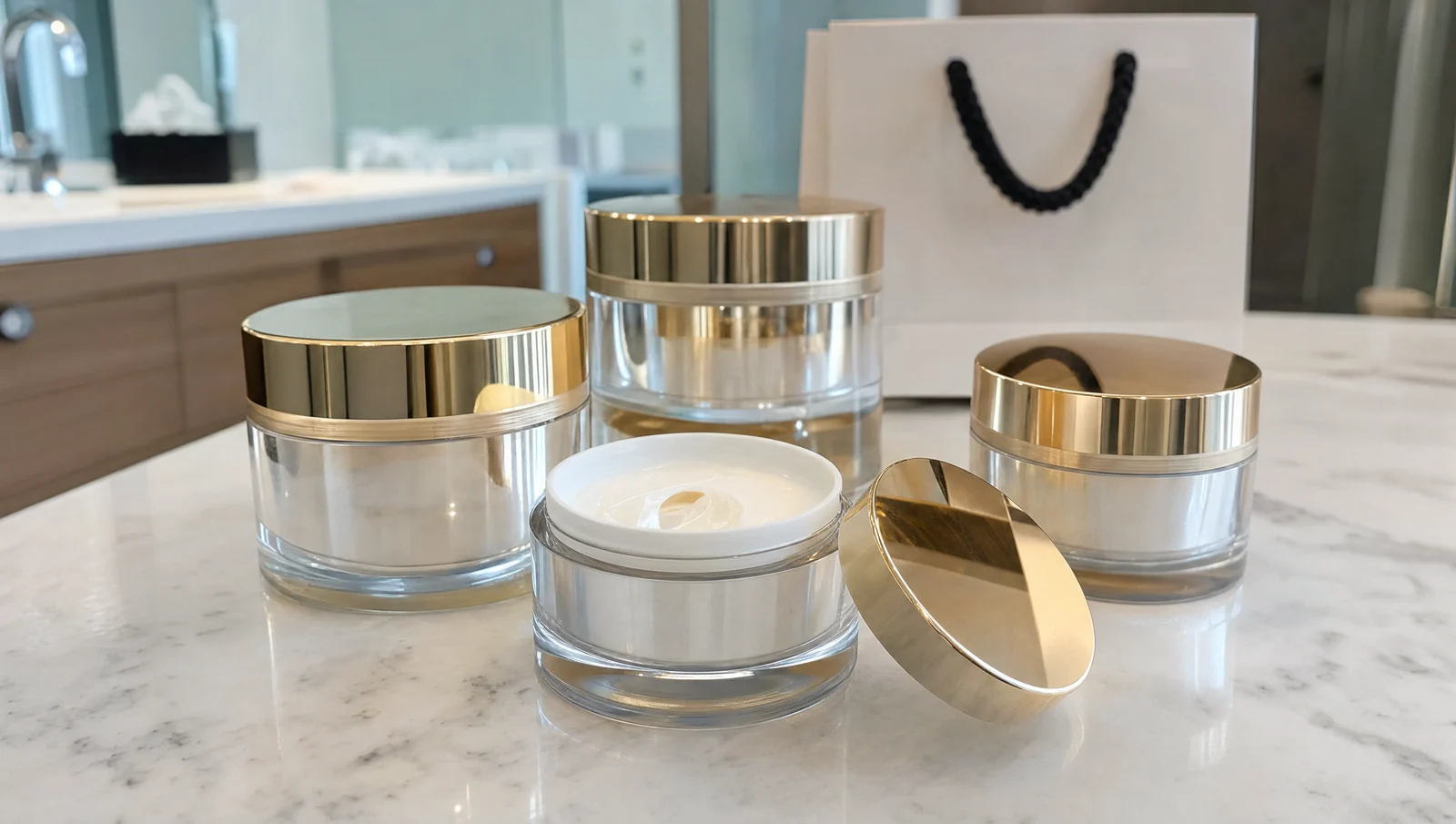 Editorial illustration of unbranded face cream jars on a bathroom counter