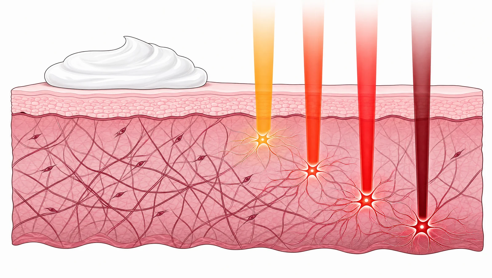 Conceptual illustration of cream on the skin surface and light reaching the layers beneath; not to scale