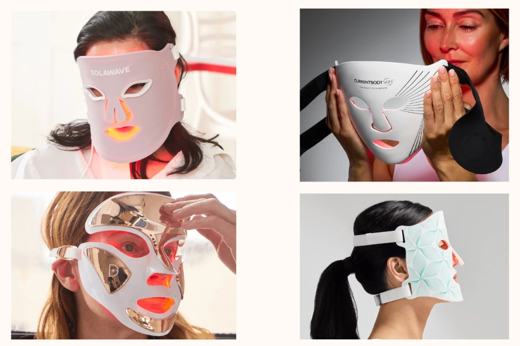 Lineup of major red light LED face masks evaluated side by side: Solawave, CurrentBody, Dr. Dennis Gross, and Omnilux