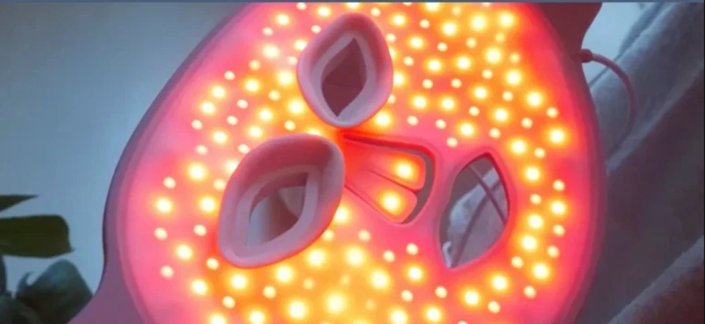 Inside view of LED face mask showing high density red and near-infrared optical hardware