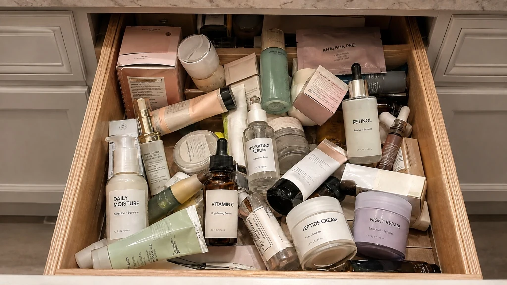 An open bathroom vanity drawer filled with half-used skincare creams, serums, and anti-aging treatments