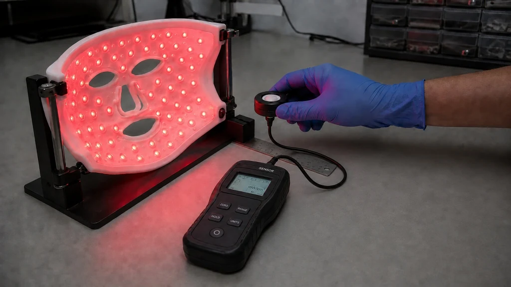 A technician measures the light output of a flexible LED face mask on a test jig with an optical sensor and radiometer